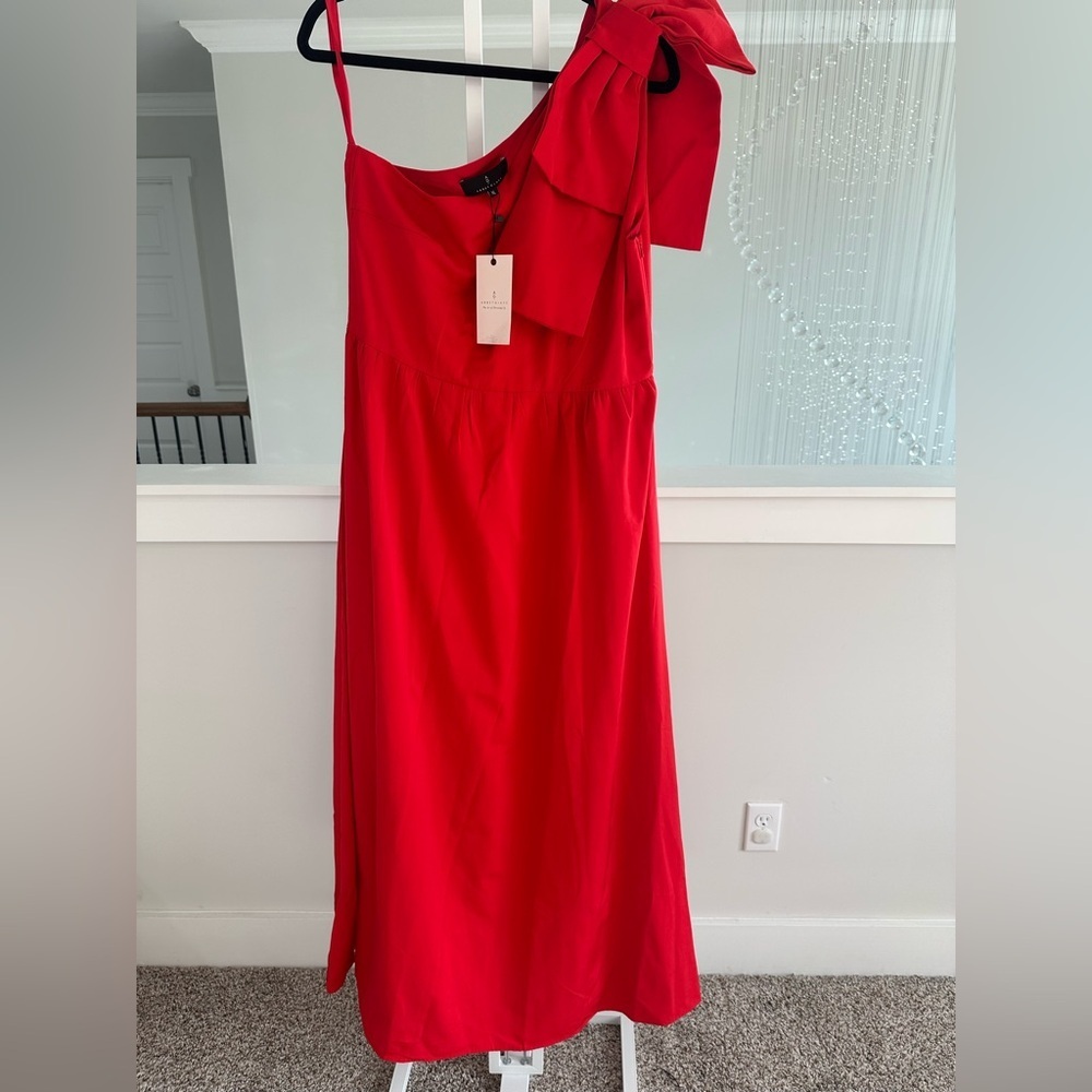 Abbey Glass Fiery Red One Shoulder Bow Accent Dress - Picture 4 of 8